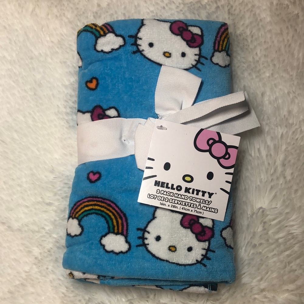 Hello Kitty 2 Pack Hand Towels Rainbow 🌈 Pink Bow Face 100% Cotton by Sanrio